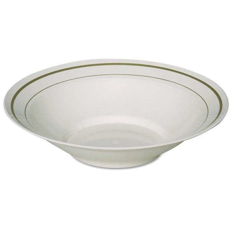 Masterpiece Plastic Bowls, 10 Oz., Ivory W/ Gold Accents, Round, 10/pack, 15/ct