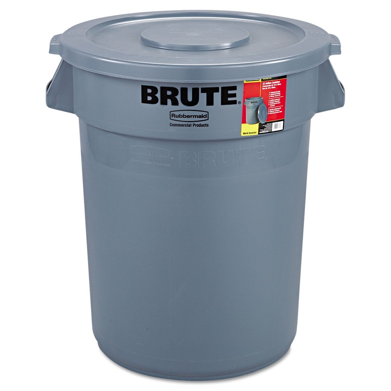BRUTE CONTAINER WITH LID, ROUND, PLASTIC, 32 GAL, GRAY