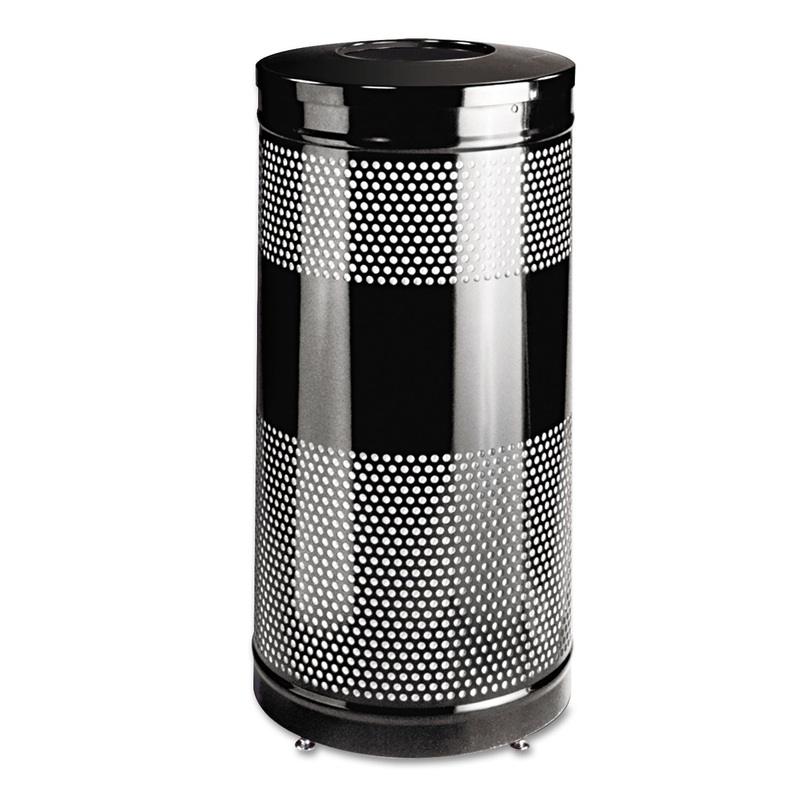 CLASSICS PERFORATED OPEN TOP RECEPTACLE, ROUND, STEEL, 28 GAL, BLACK