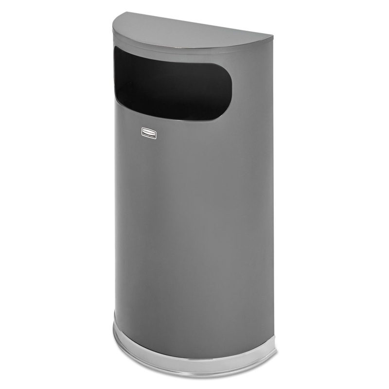 HALF ROUND FLAT TOP WASTE RECEPTACLE, 9 GAL, ANTHRACITE METALLIC W/CHROME TRIM
