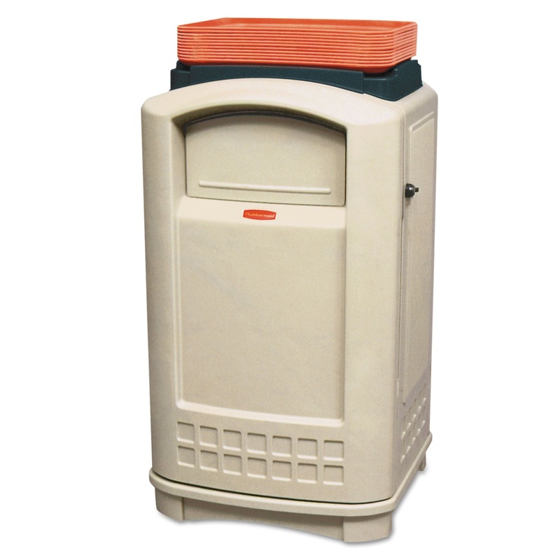Plaza Lunch Tray Top Waste Container, Rectangular, Plastic, 50 Gal, Beige