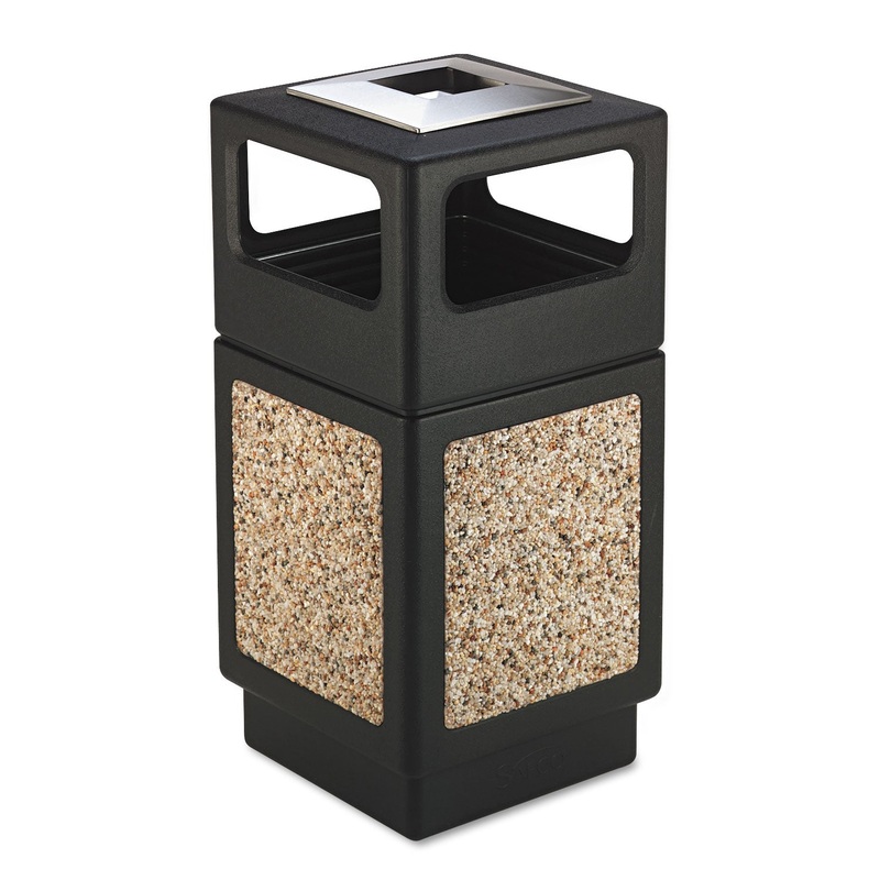 CANMELEON ASH/TRASH RECEPTACLE, SQUARE, AGGREGATE/POLYETHYLENE, 38 GAL, BLACK