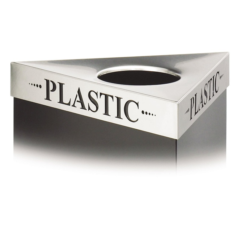 TRIANGULAR LID FOR TRIFECTA RECEPTACLE, LASER CUT “PLASTIC” INSCRIPTION, STAINLESS STEEL