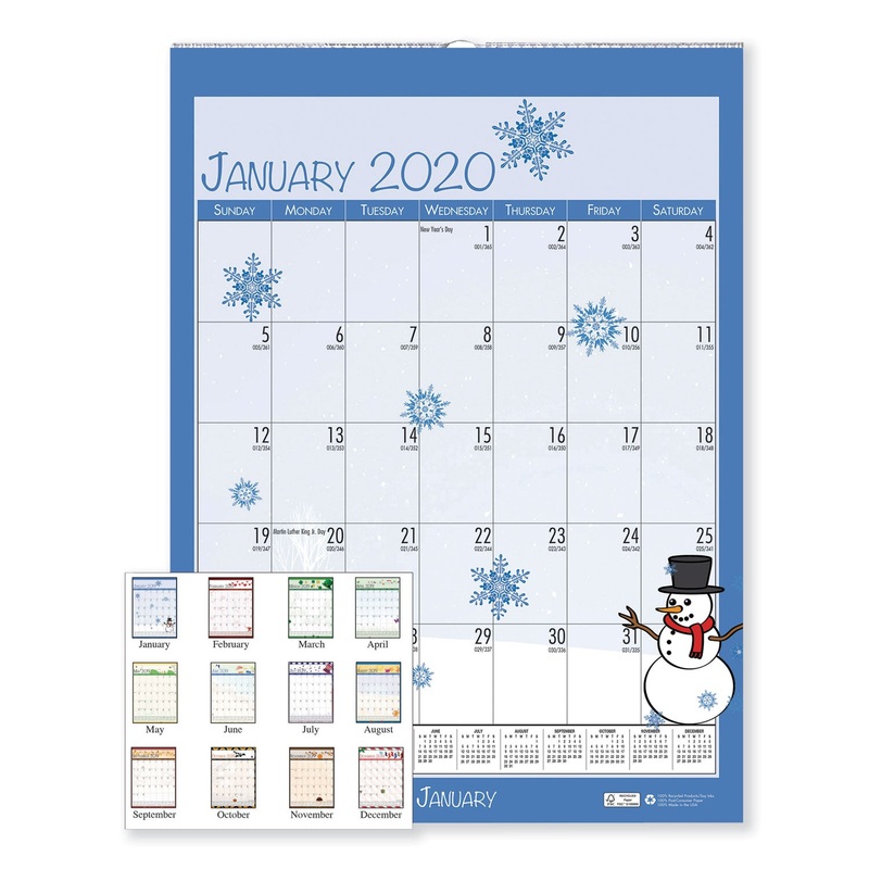 100% RECYCLED SEASONAL WALL CALENDAR, 12 X 16 1/2, 2020