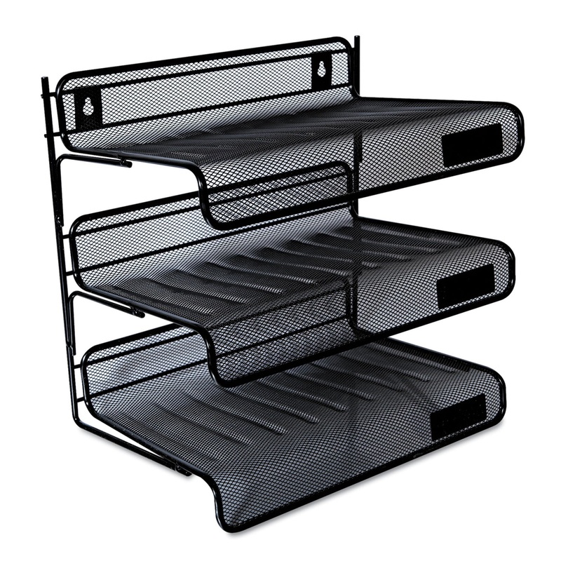 DELUXE MESH THREE-TIER DESK SHELF, 3 SECTIONS, LETTER SIZE FILES, 13.25″ X 9.25″ X 12.38″, BLACK
