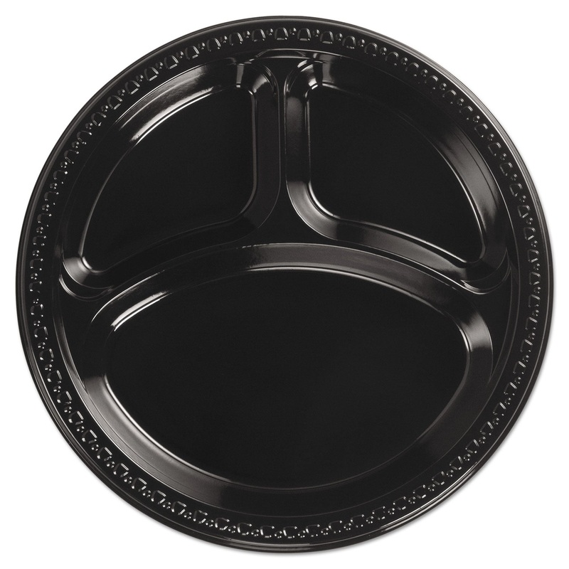 Heavyweight Plastic 3 Compartment Plates, 10 1/4″ Dia, Black, 125/pk, 4 Packs/ct