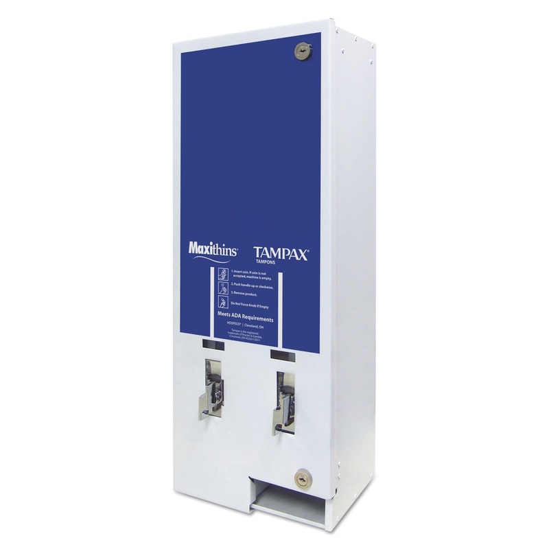 MAXITHINS/TAMPAX DUAL CHANNEL VENDOR, METAL, 11 1/8 X 7 5/8 X 26 3/8, WHITE/BLUE
