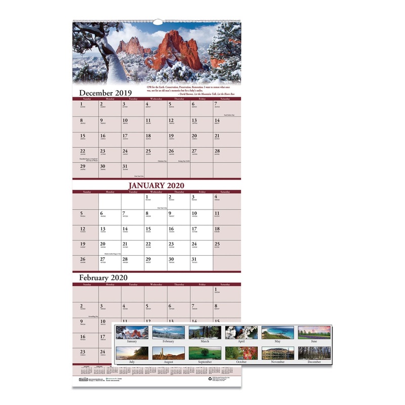 RECYCLED SCENIC COMPACT THREE-MONTH WALL CALENDAR, 8 X 17, 2019-2021