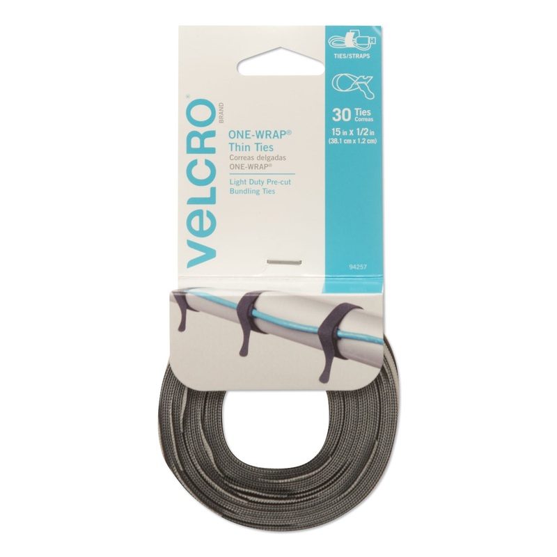 ONE-WRAP PRE-CUT THIN TIES, 0.5″ X 15″, BLACK/GRAY, 30/PACK