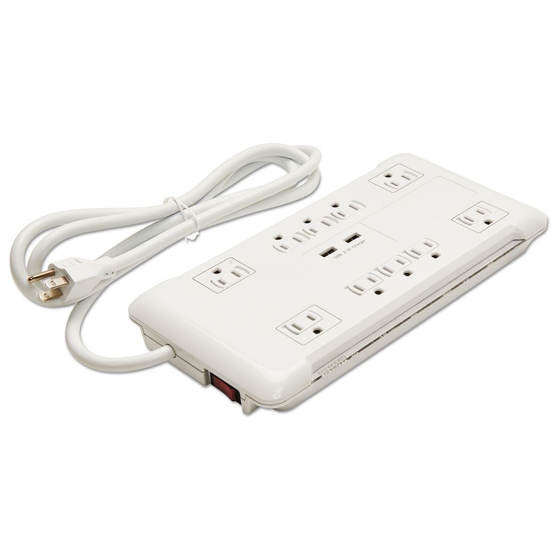 Slim Surge Protector, 10 Outlets/2 Usb Charging Ports, 6 Ft Cord, 2880 J, White