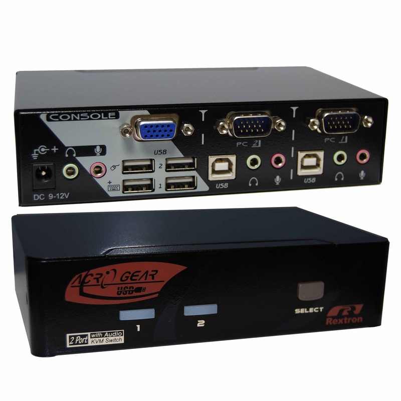 REXTRON 1-2 Automatic VGA/USB KVM Switch. Share 1x USB Keyboard/Mouse & VGA Video with 2x CPU”s. Mic & speaker audio ports. 4x USB Hub for sharing peripherals between computers. Hot Key Support.