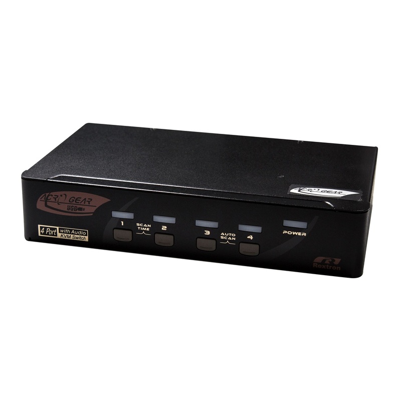 REXTRON 1-4 Automatic VGA/USB KVM Switch. Share 1x USB Keyboard/Mouse & VGA Video with 4x CPU”s. Mic & speaker audio ports, Hot Key Support. 4x USB Hub for sharing peripherals between computers.