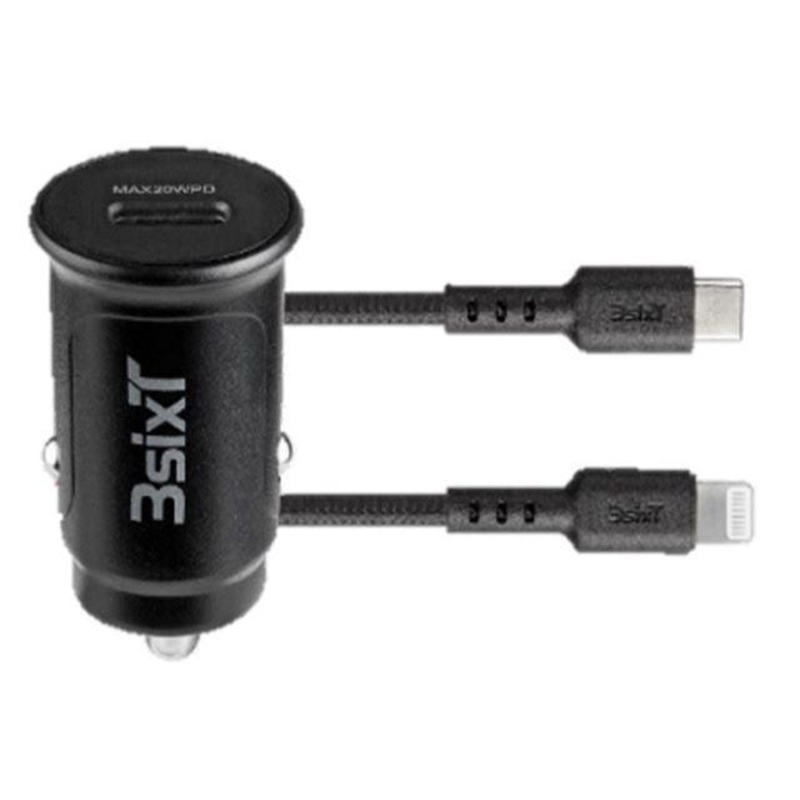 3sixT Car Charger 20W + Tough USB-C to Lightning Cable Black
