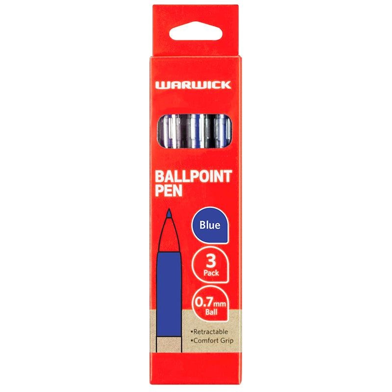 Warwick Pen Ballpoint Blue Retractable Medium Comfort Grip 3 Pack