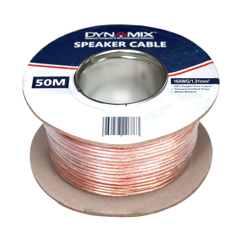 DYNAMIX 50m 16AWG/1.31mm Speaker Cable, OFC 25/025BCx2C, Clear PVC Insulation, OD: 2.6x 5.2mm. Meter Marked