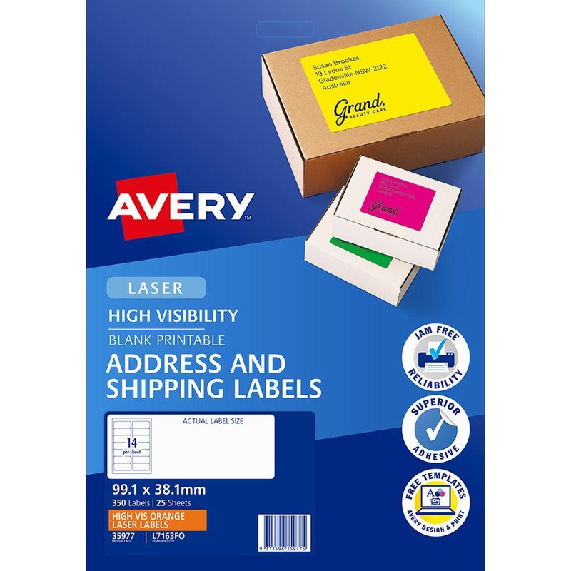 Avery Shipping Label L7163FO Flo Orange Laser 99.1×38.1mm 14up 25 Sheets