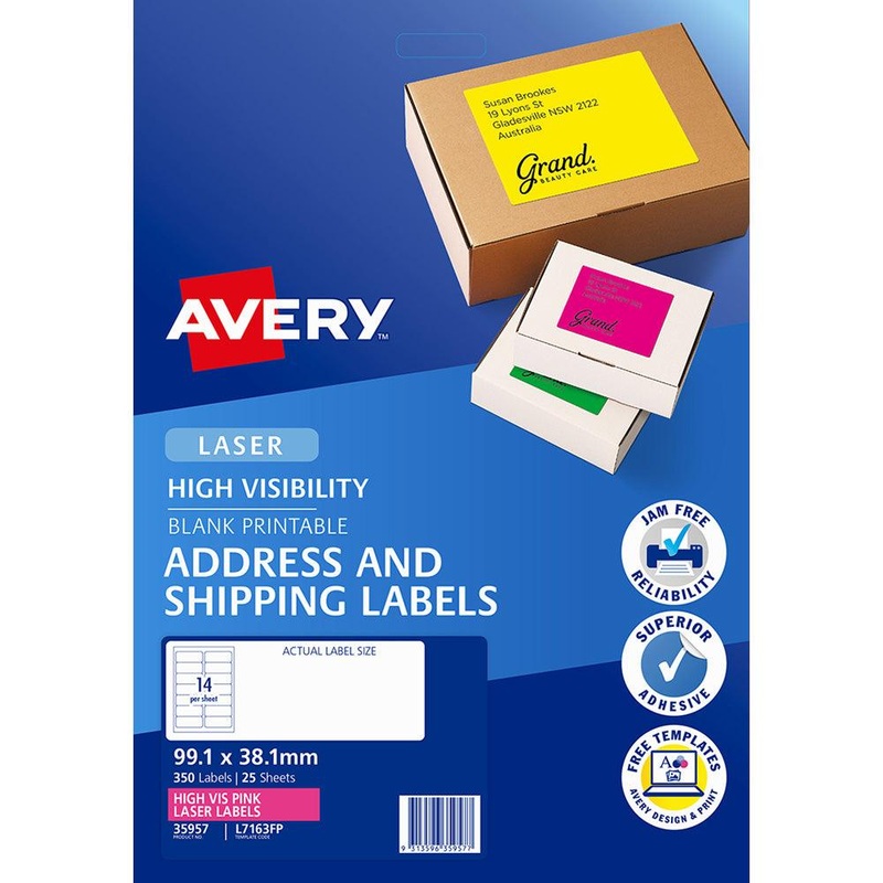 Avery Shipping Label L7163FP Flo Pink Laser 99.1×38.1mm 14up 25 Sheets
