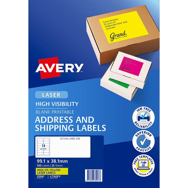 Avery Shipping Label L7163FY Flo Yellow Laser 99.1×38.1mm 14up 25 Sheets