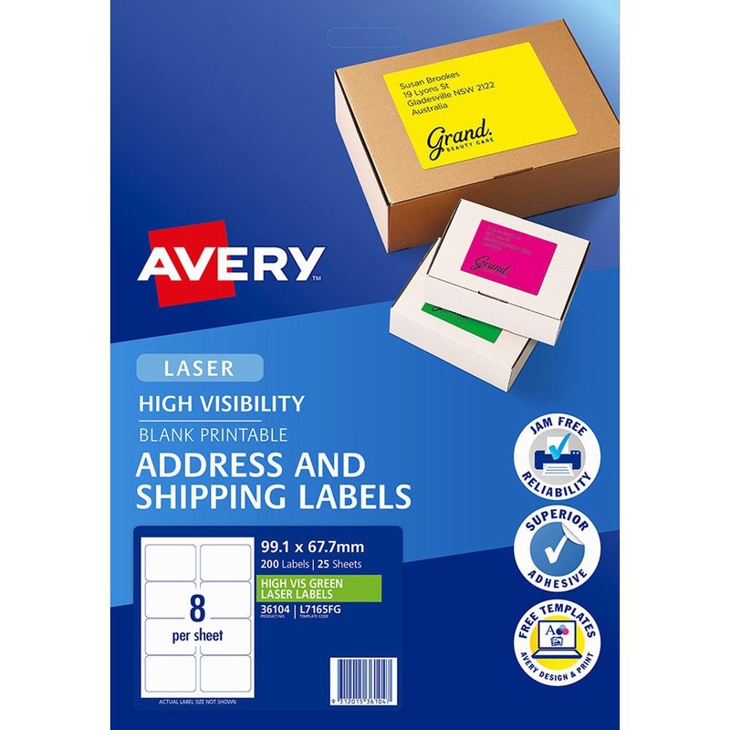 Avery Shipping Label L7165FG Fluoro Green 99.1×67.7mm 8up 25 Sheets