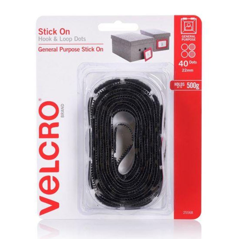 VELCRO Brand 22mm Stick On Hook & Loop Dots. Pack Of 40.