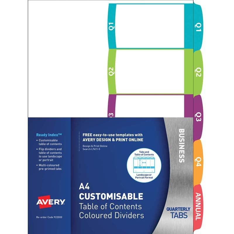 Avery Customisable Table Of Contents A4 Quarterly 5 Tabs Coloured
