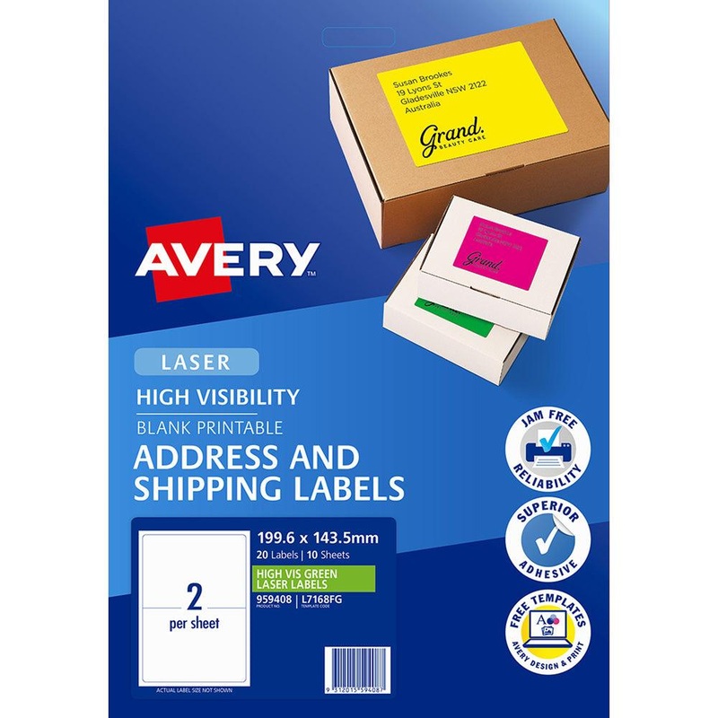 Avery Shipping Label L7168FG Fl Green Laser 199.6×143.5mm 2up 10 Sheets