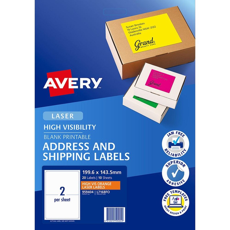 Avery Shipping Label L7168FO Fluoro Orange Laser 199.6×143.5mm 2 Up 10 Shts