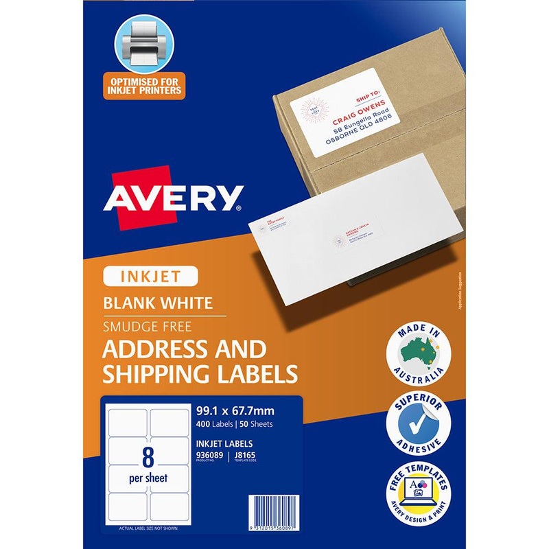 Avery Label J8165-50 Inkjet 8up 50 Sheets 99x67mm