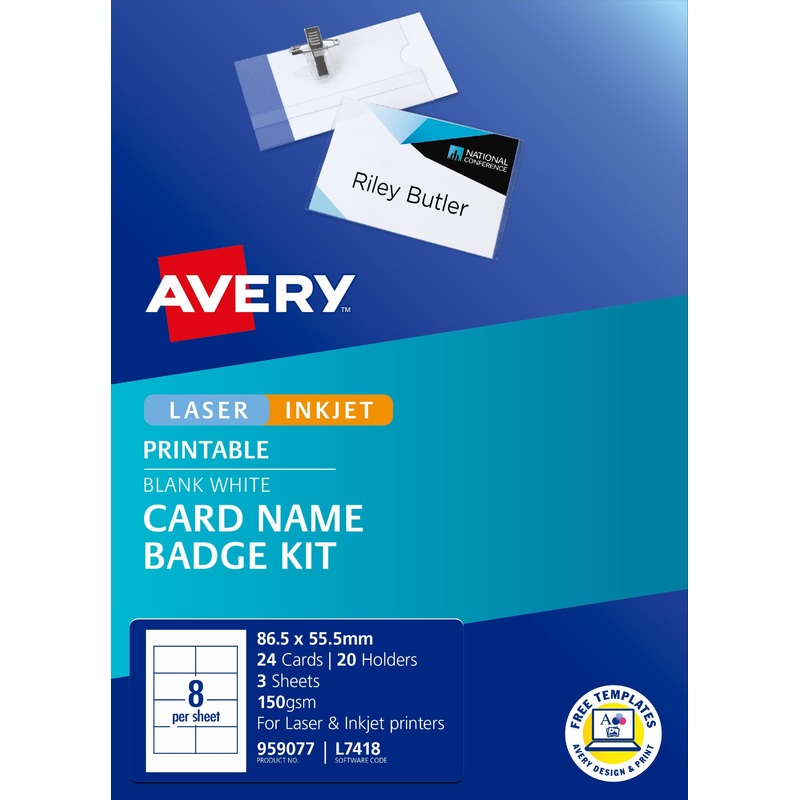 Avery Card Name Badges Kit 86.5×55.5mm 8up 3 Sheets Inkjet Laser L7418