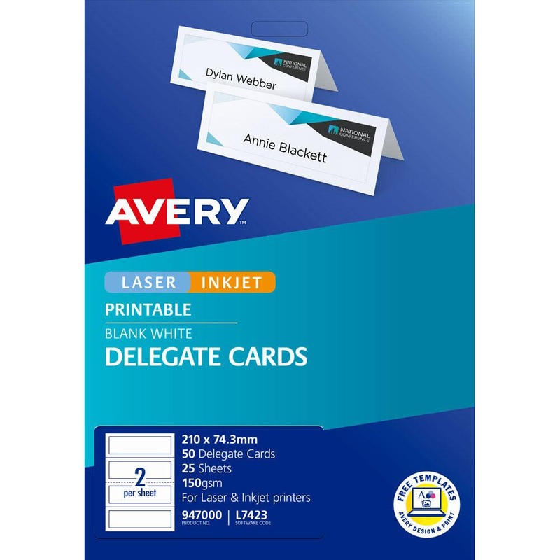 Avery Delegate Cards 210×74.3mm 50 Cards 25 Sheets Inkjet Laser