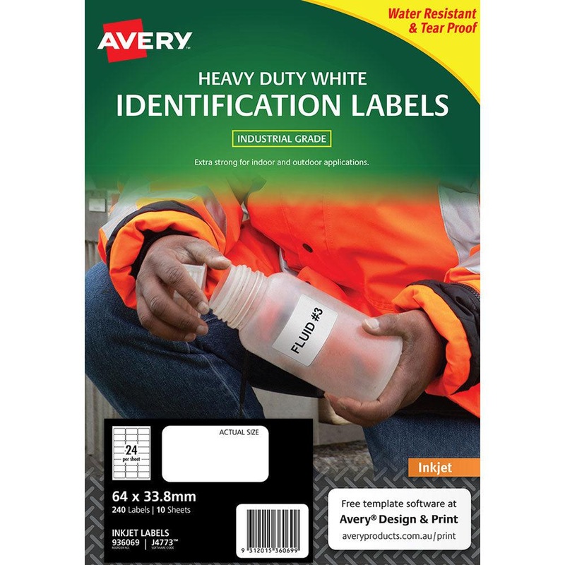 Avery Heavy Duty ID Label J4773 White Inkjet 64×33.8mm 24up 10 Sheets