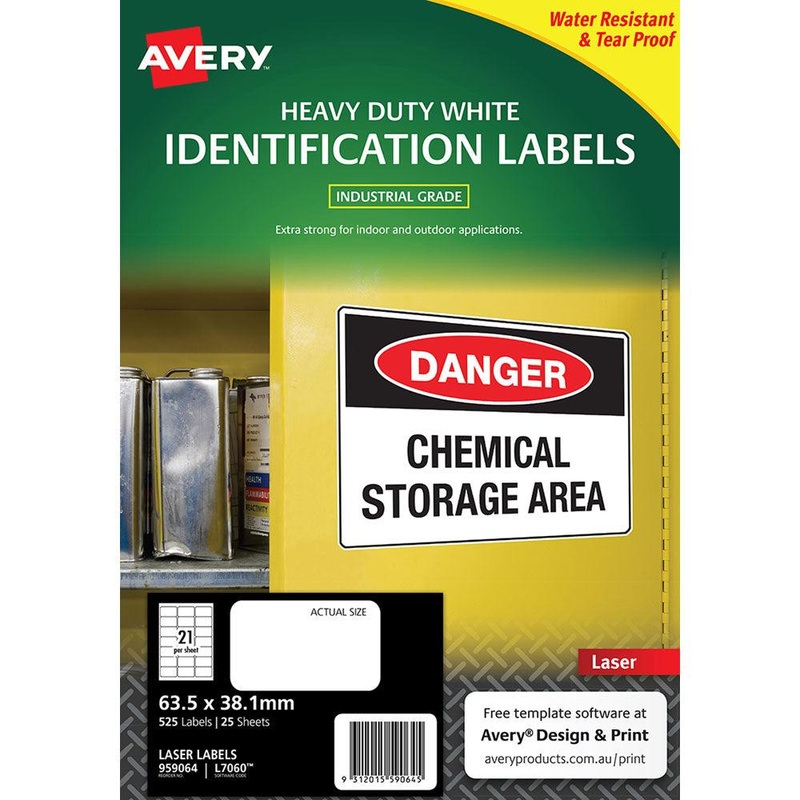 Avery Heavy Duty ID Label L7060 White Laser 63.5×38.1mm 21up 25 Sheets