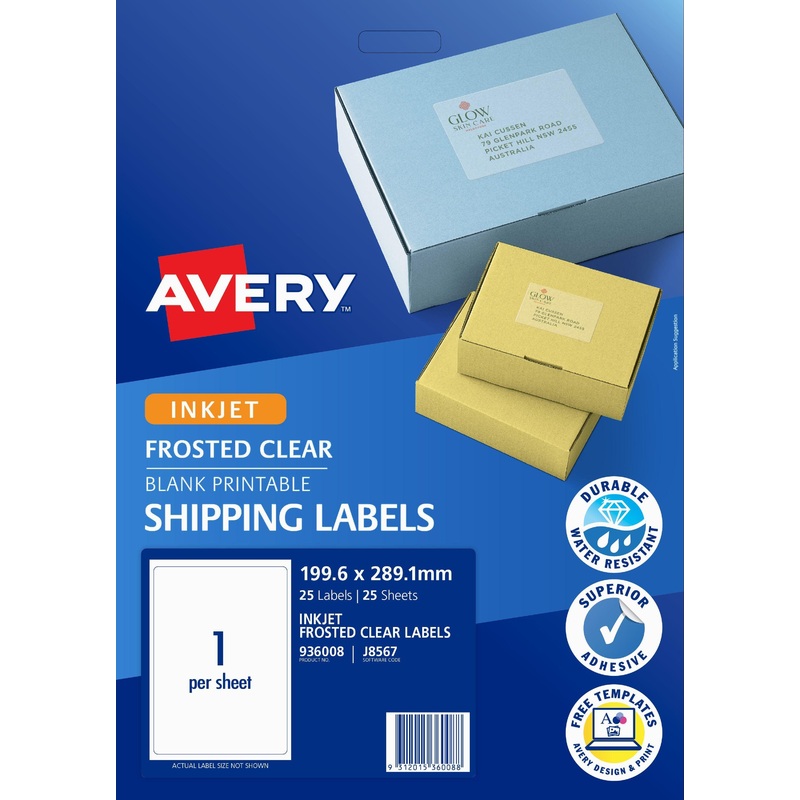 Avery Label J8567 Frosted Clear 199.6×289.1mm 1up 25 Sheets Inkjet