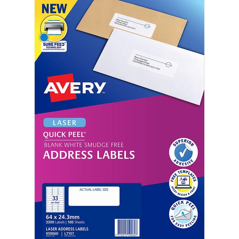 Avery Label L7157-100 64×24.3mm 33up 100 Sheets