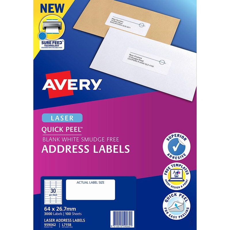 Avery Label L7158-100 64×26.7mm 30up 100 Sheets
