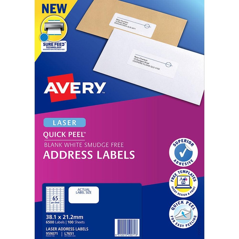 Avery Label L7651-100 White 38.1×21.2mm 65up 100 Sheets