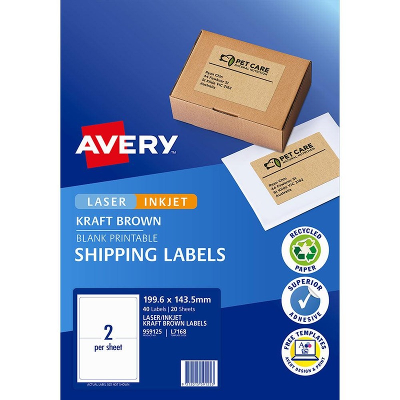 Avery Shipping Labels L7168 Brown Kraft 199.6×143.5mm 2up 20 Sheets