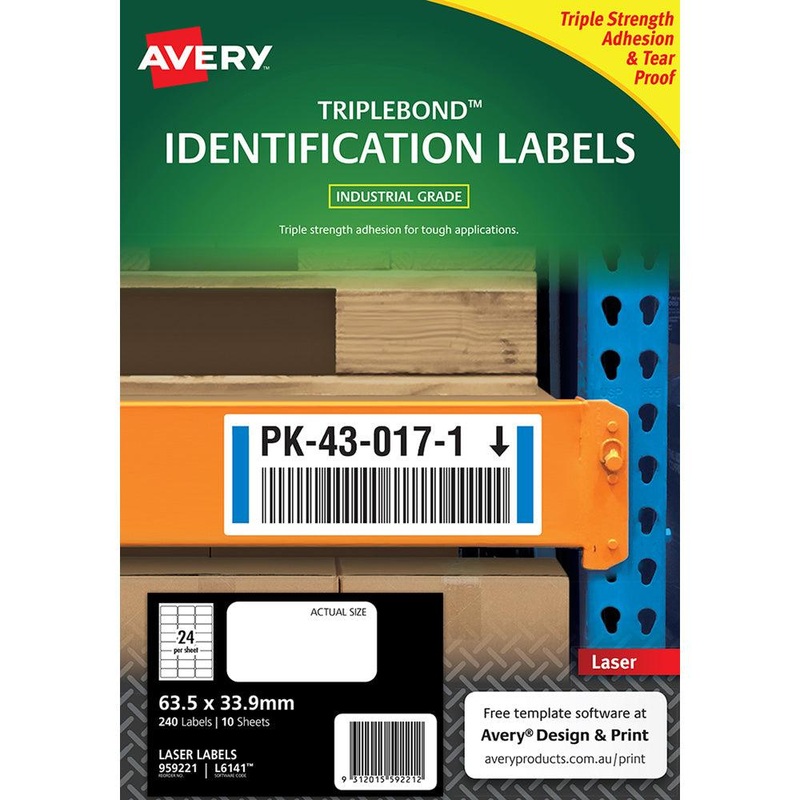Avery Triplebond Label L6141 White Laser 63.5×33.9mm 24up 10 Sheets