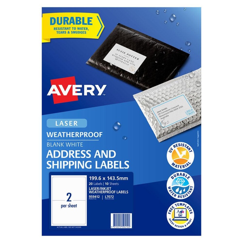 Avery Weatherproof Label L7072 199.6×143.5mm 2up 10 Sheets