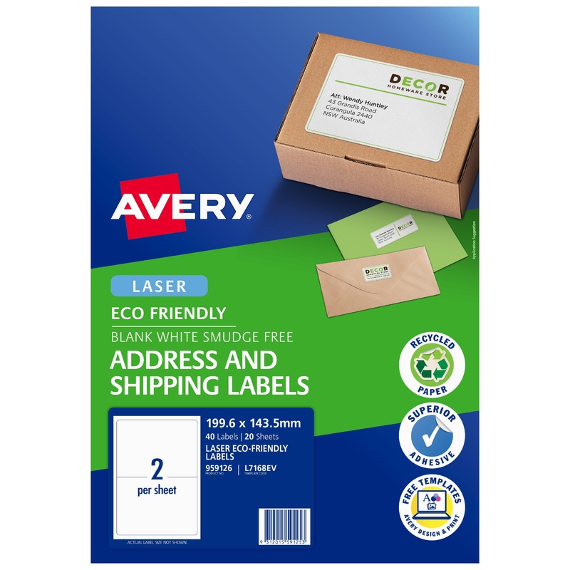 Avery Eco Friendly Address Labels 199.1×143.5mm 2up 20 Sheets L7168EV