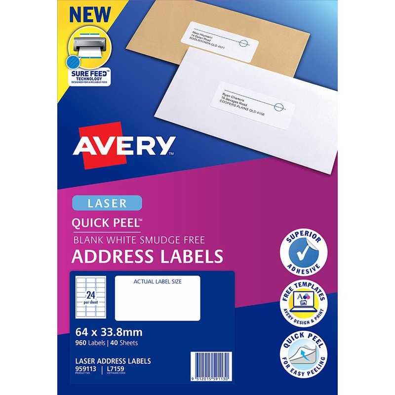 Avery Quick Peel Address Labels L7159 White 64×33.8 24up 40 Sheet