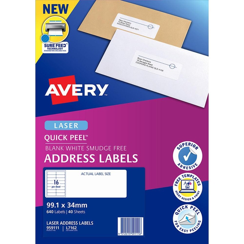 Avery Quick Peel Address Labels L7162 White 99.1×34 16up 40 Sheets