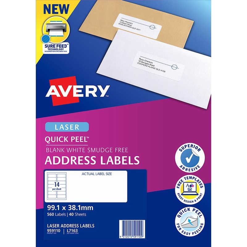 Avery Quick Peel Address Labels L7163 White 99.1×38.1mm 14up 40 Sheets