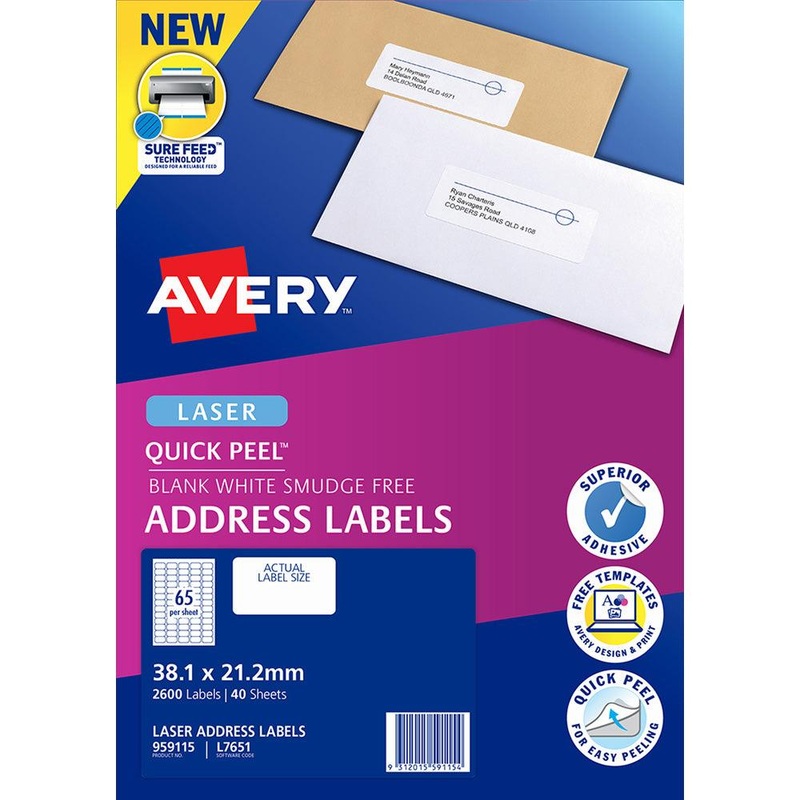 Avery Quick Peel Address Labels L7651 White 38.1×21.2mm 65up 40 Sheets