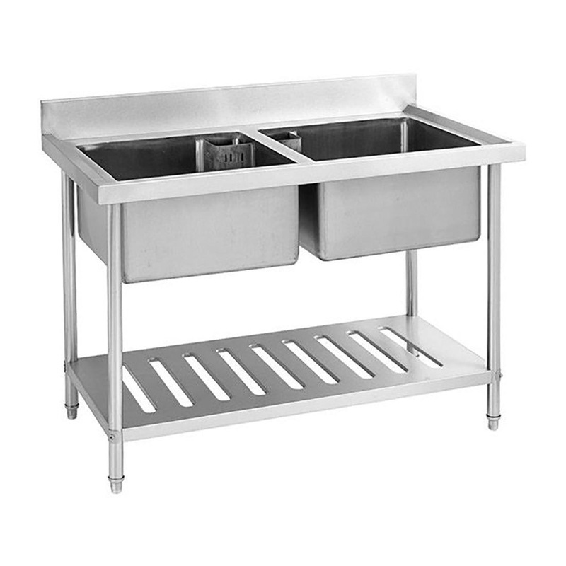 SDSB-7-1500R Stainless Steel Double Centre Sink Bench with Pot Shelf