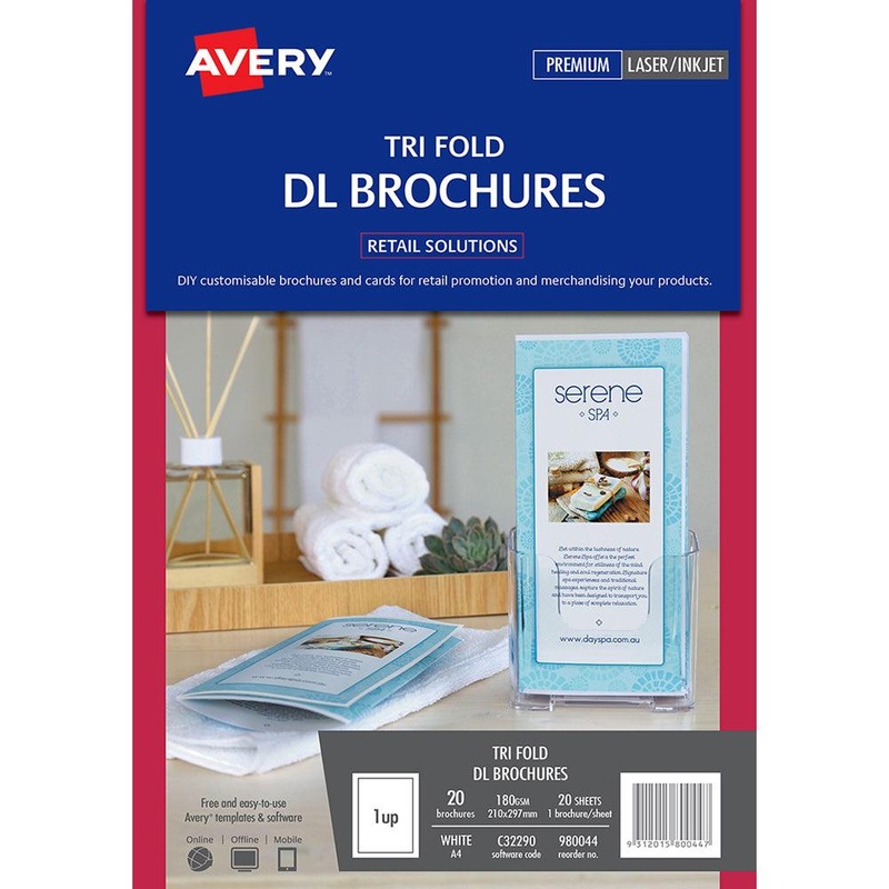 Avery Brochures Tri Fold DL A4 Inkjet Laser 1up 20 Sheets