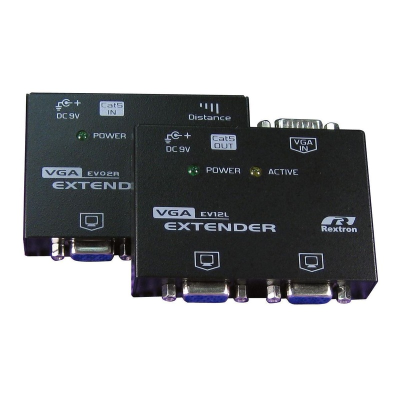 REXTRON Video Extender. Allows VGA signal to be extended up to 150m using Cat5 UTP Cable. Black colour.