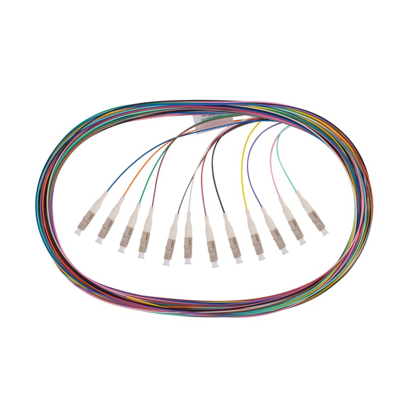 DYNAMIX 2M LC Pigtail OM3 12x Pack Colour Coded, 900um Multimode Fibre, Tight Buffer LSZH Jacket
