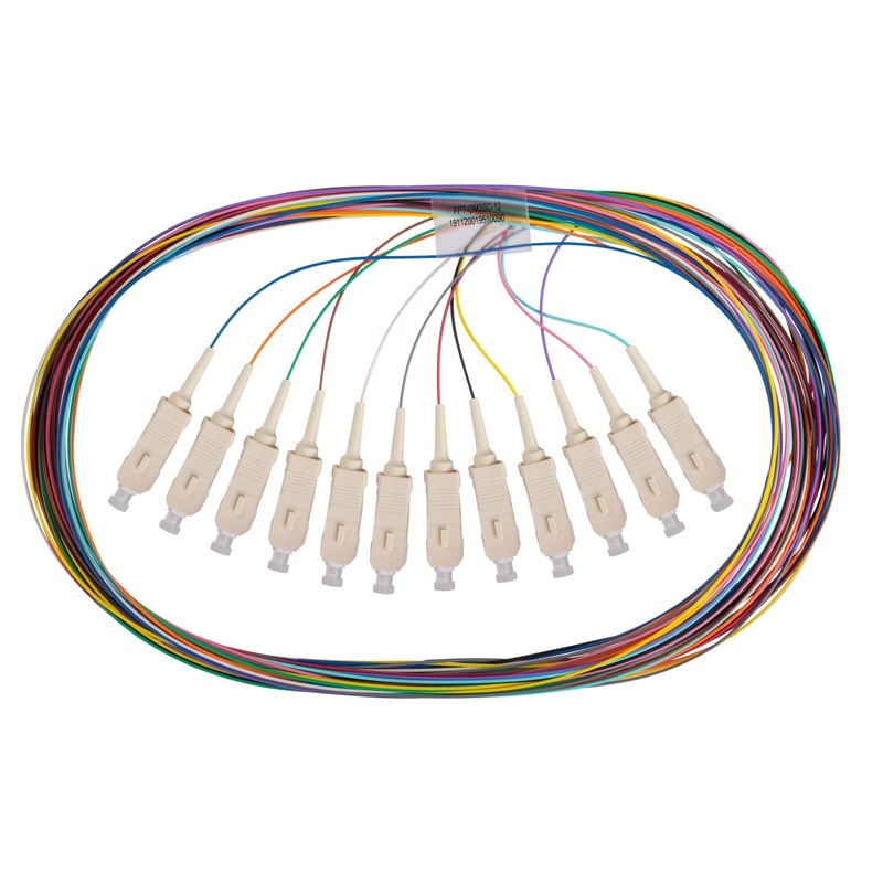 DYNAMIX 2M SC Pigtail OM3 12x Pack Colour Coded, 900um Multimode Fibre, Tight Buffer LSZH Jacket