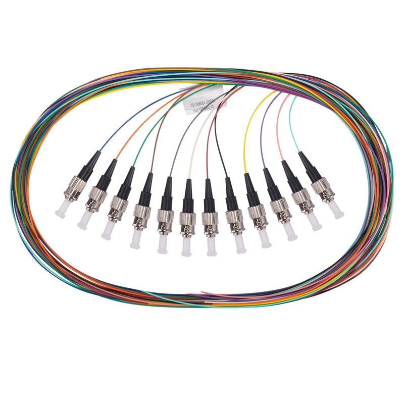 DYNAMIX 2M ST Pigtail OM3 12x Pack Colour Coded, 900um Multimode Fibre, Tight Buffer LSZH Jacket